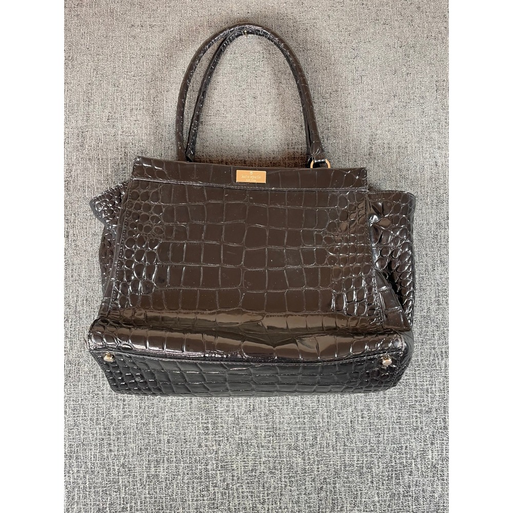 Kate Spade Black Croc Embossed Patent Leather Tote Bag Shoulder Purse Gold Logo
